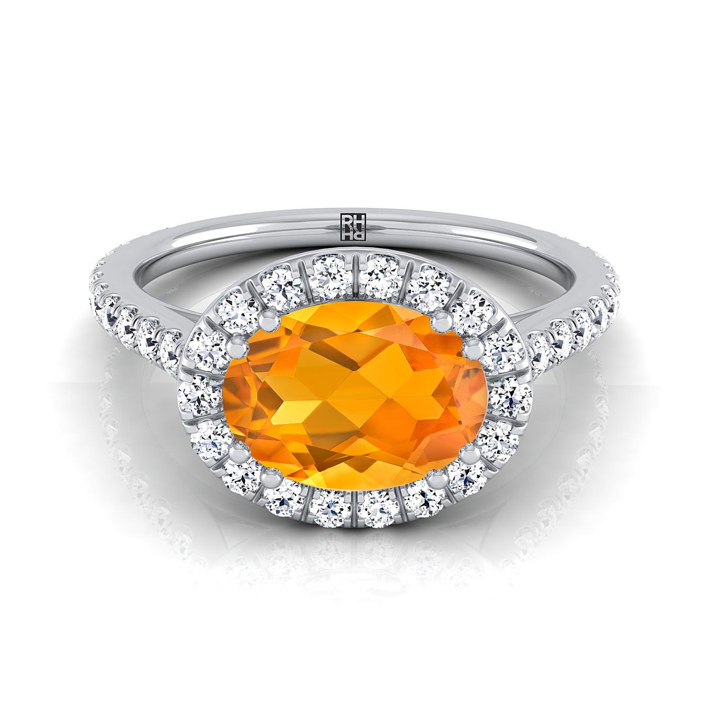 Platinum Oval Citrine Horizontal Fancy East West Diamond Halo Engagement Ring -1/2ctw