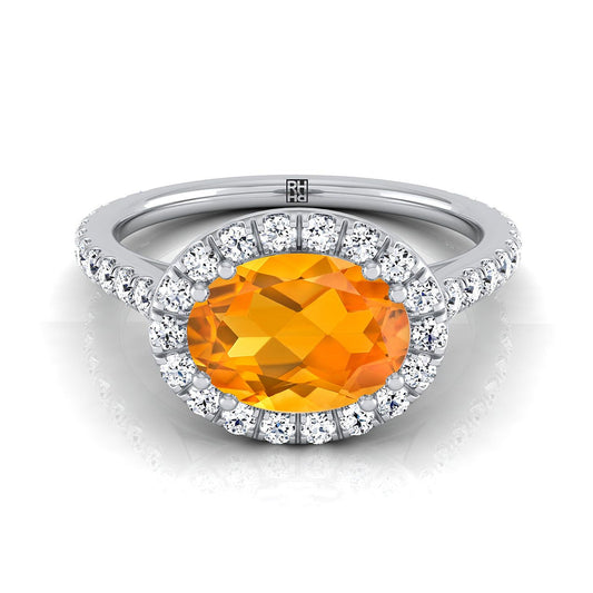 18K White Gold Oval Citrine Horizontal Fancy East West Diamond Halo Engagement Ring -1/2ctw
