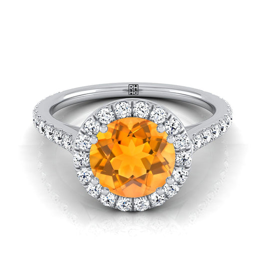 14K White Gold Round Brilliant Citrine Horizontal Fancy East West Diamond Halo Engagement Ring -1/2ctw