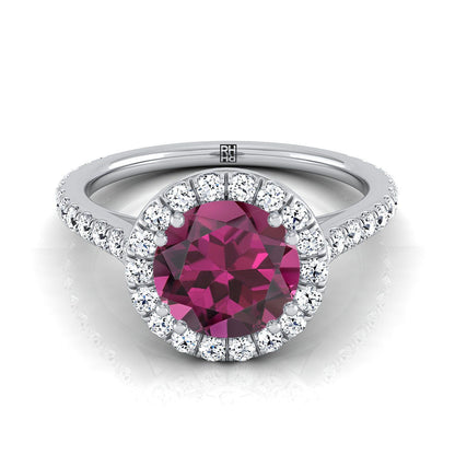 Platinum Round Brilliant Garnet Horizontal Fancy East West Diamond Halo Engagement Ring -1/2ctw