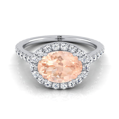 18K White Gold Oval Morganite Horizontal Fancy East West Diamond Halo Engagement Ring -1/2ctw