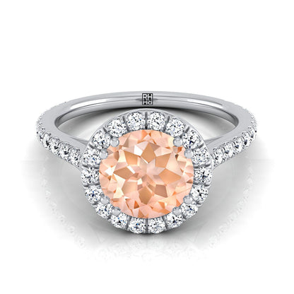 18K White Gold Round Brilliant Morganite Horizontal Fancy East West Diamond Halo Engagement Ring -1/2ctw