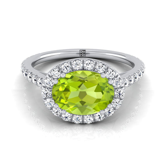 18K White Gold Oval Peridot Horizontal Fancy East West Diamond Halo Engagement Ring -1/2ctw