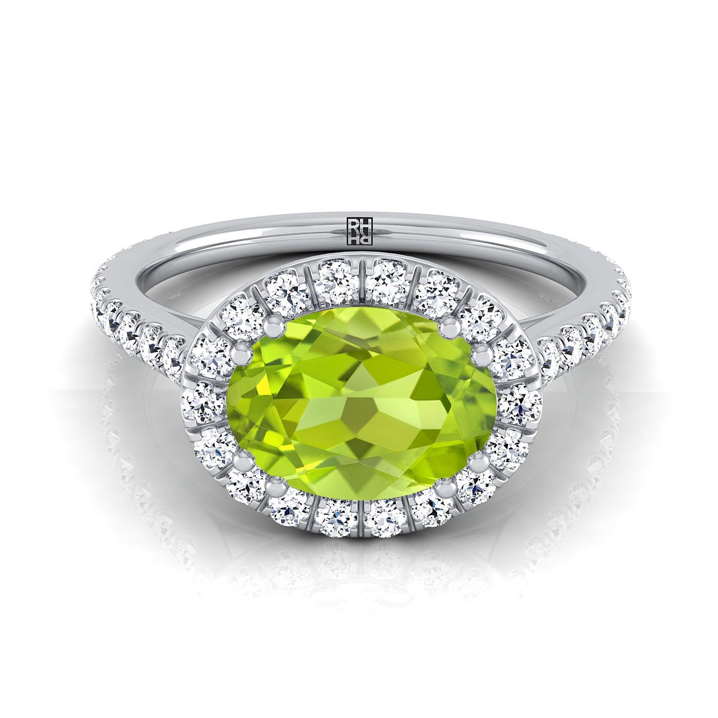 14K White Gold Oval Peridot Horizontal Fancy East West Diamond Halo Engagement Ring -1/2ctw