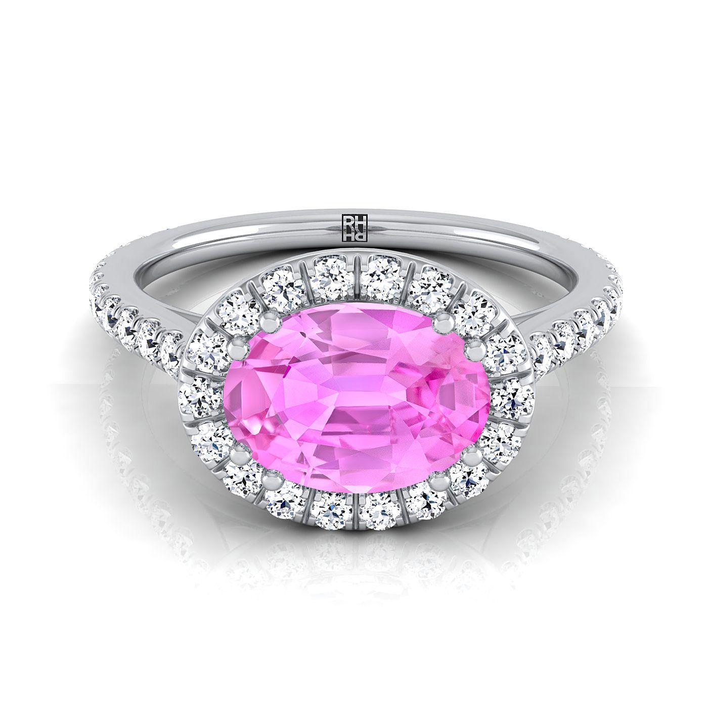 14K White Gold Oval Pink Sapphire Horizontal Fancy East West Diamond Halo Engagement Ring -1/2ctw