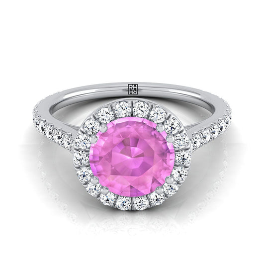 14K White Gold Round Brilliant Pink Sapphire Horizontal Fancy East West Diamond Halo Engagement Ring -1/2ctw