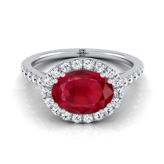 18K White Gold Oval Ruby Horizontal Fancy East West Diamond Halo Engagement Ring -1/2ctw