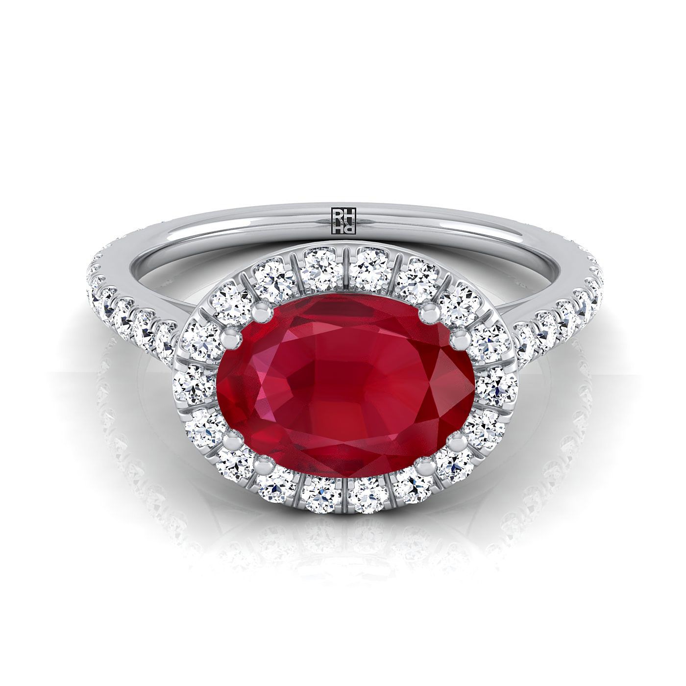 Platinum Oval Ruby Horizontal Fancy East West Diamond Halo Engagement Ring -1/2ctw