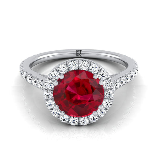 18K White Gold Round Brilliant Ruby Horizontal Fancy East West Diamond Halo Engagement Ring -1/2ctw