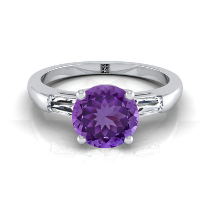 18K White Gold Round Brilliant Amethyst Three Stone Tapered Baguette Engagement Ring -1/5ctw