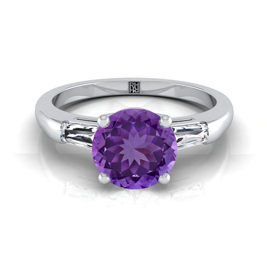 18K White Gold Round Brilliant Amethyst Three Stone Tapered Baguette Engagement Ring -1/5ctw