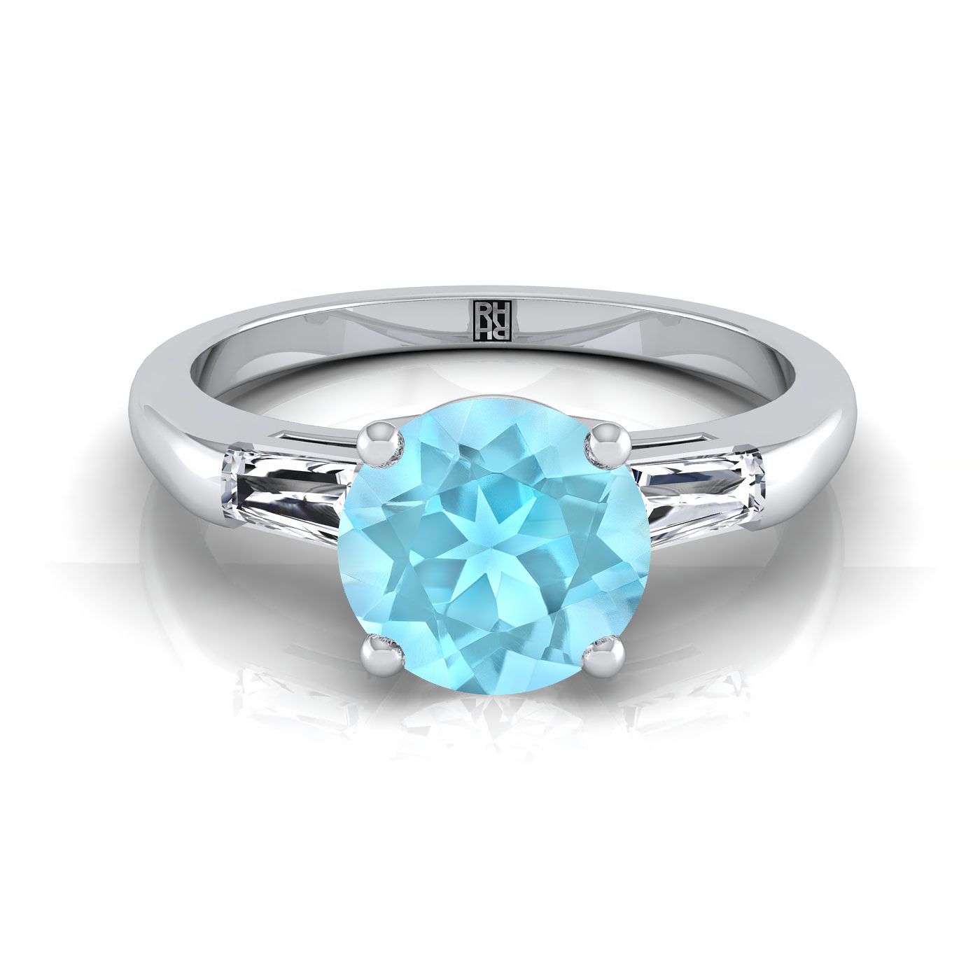 Platinum Round Brilliant Aquamarine Three Stone Tapered Baguette Engagement Ring -1/5ctw