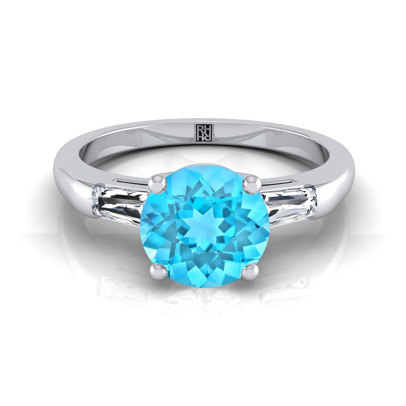 Platinum Round Brilliant Swiss Blue Topaz Three Stone Tapered Baguette Engagement Ring -1/5ctw