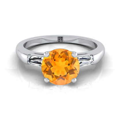 14K White Gold Round Brilliant Citrine Three Stone Tapered Baguette Engagement Ring -1/5ctw