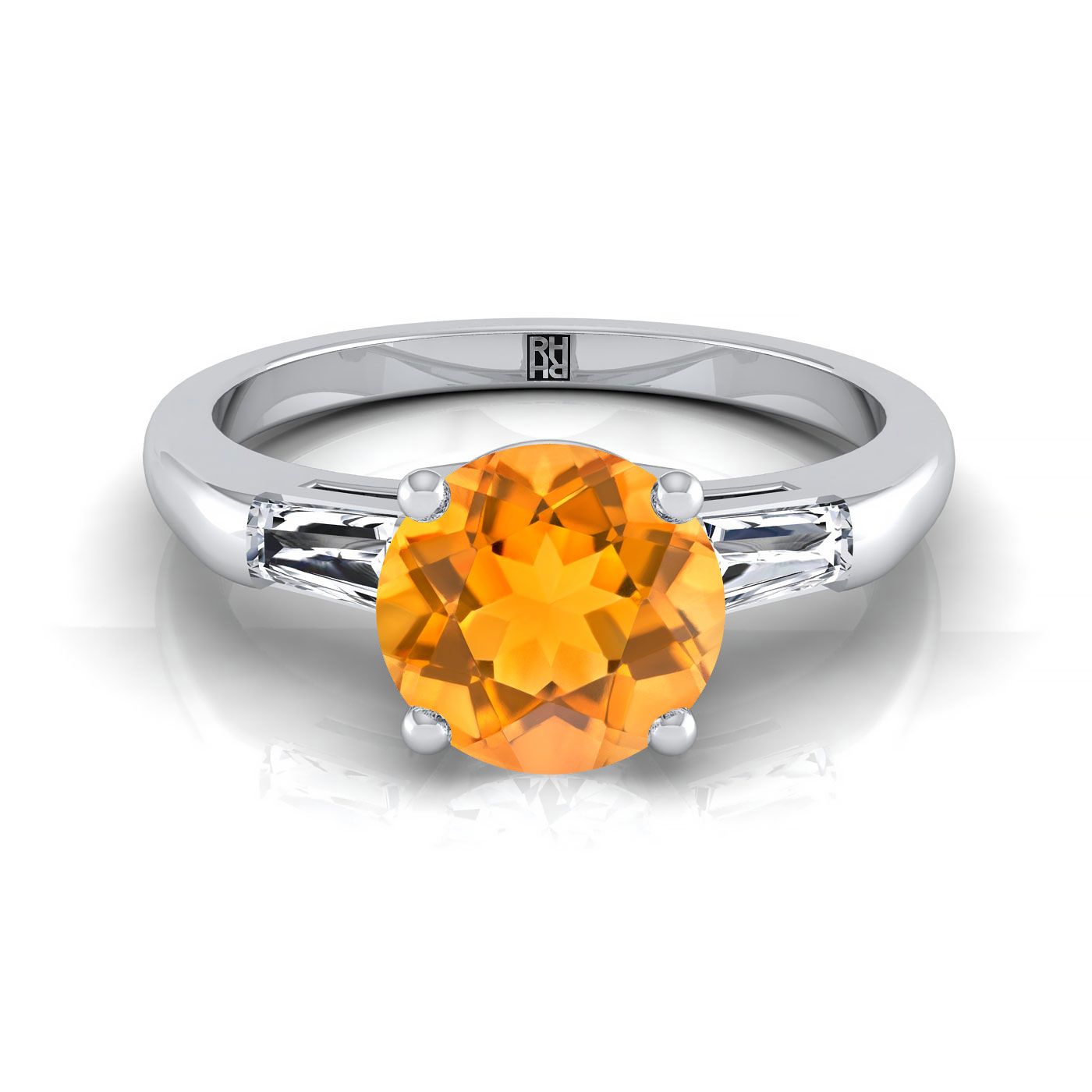 18K White Gold Round Brilliant Citrine Three Stone Tapered Baguette Engagement Ring -1/5ctw