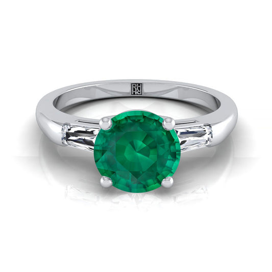 14K White Gold Round Brilliant Emerald Three Stone Tapered Baguette Engagement Ring -1/5ctw