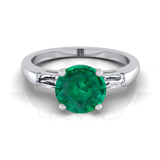 Platinum Round Brilliant Emerald Three Stone Tapered Baguette Engagement Ring -1/5ctw