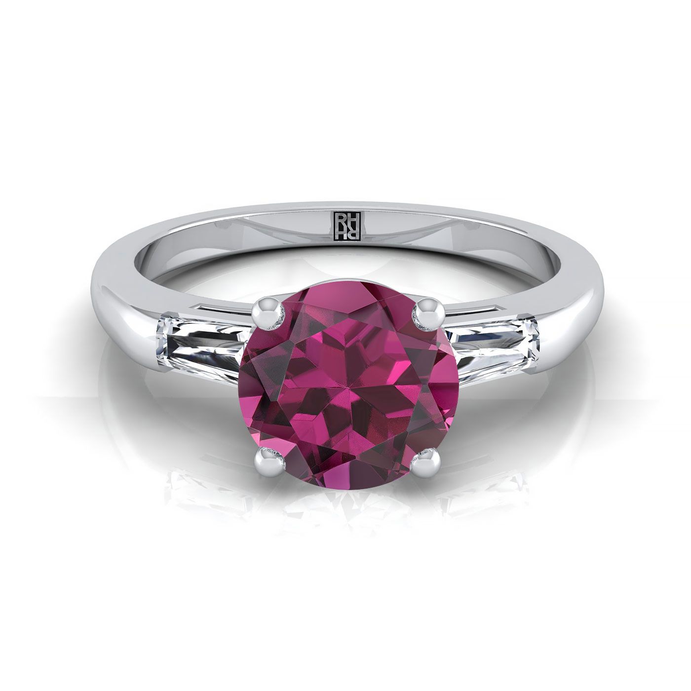 Platinum Round Brilliant Garnet Three Stone Tapered Baguette Engagement Ring -1/5ctw