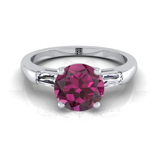 18K White Gold Round Brilliant Garnet Three Stone Tapered Baguette Engagement Ring -1/5ctw