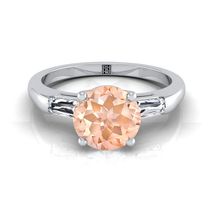 14K White Gold Round Brilliant Morganite Three Stone Tapered Baguette Engagement Ring -1/5ctw