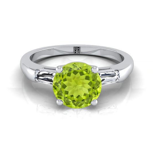 18K White Gold Round Brilliant Peridot Three Stone Tapered Baguette Engagement Ring -1/5ctw