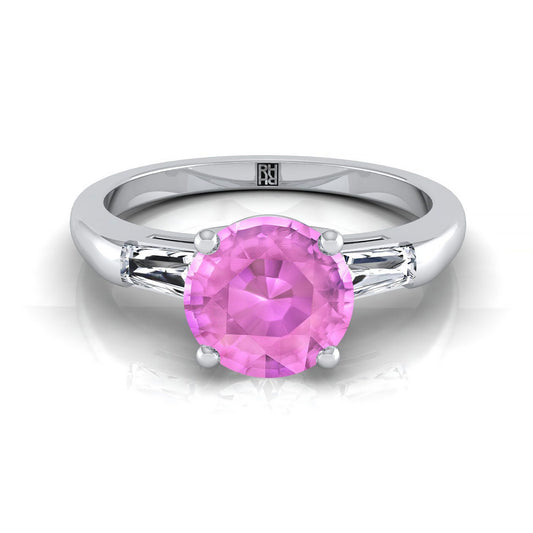 18K White Gold Round Brilliant Pink Sapphire Three Stone Tapered Baguette Engagement Ring -1/5ctw