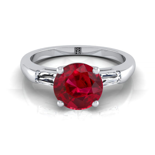 14K White Gold Round Brilliant Ruby Three Stone Tapered Baguette Engagement Ring -1/5ctw