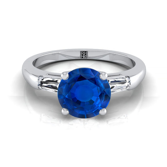 18K White Gold Round Brilliant Sapphire Three Stone Tapered Baguette Engagement Ring -1/5ctw