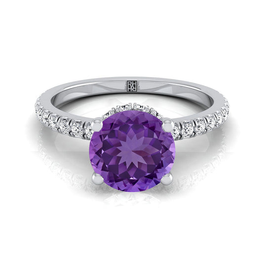 18K White Gold Round Brilliant Amethyst Secret Diamond Halo French Pave Solitaire Engagement Ring -1/3ctw