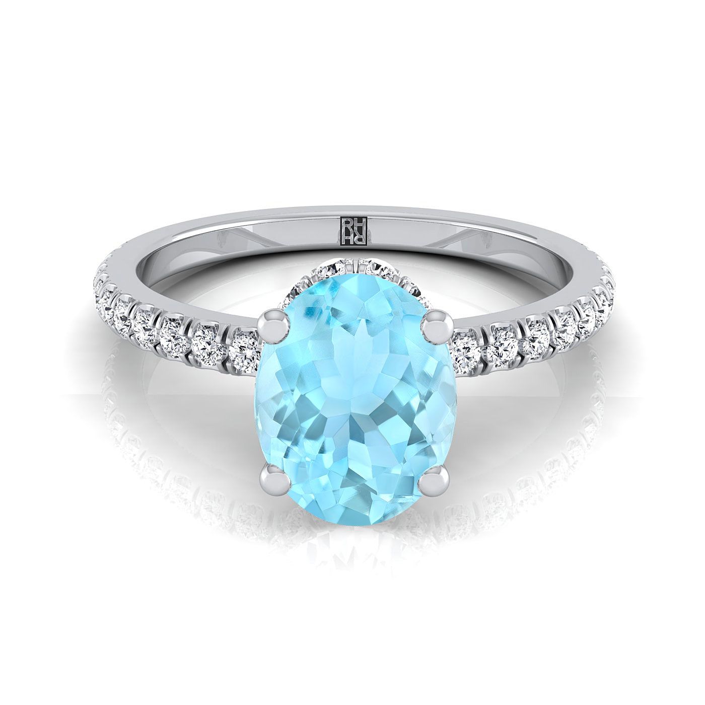 18K White Gold Oval Aquamarine Secret Diamond Halo French Pave Solitaire Engagement Ring -1/3ctw