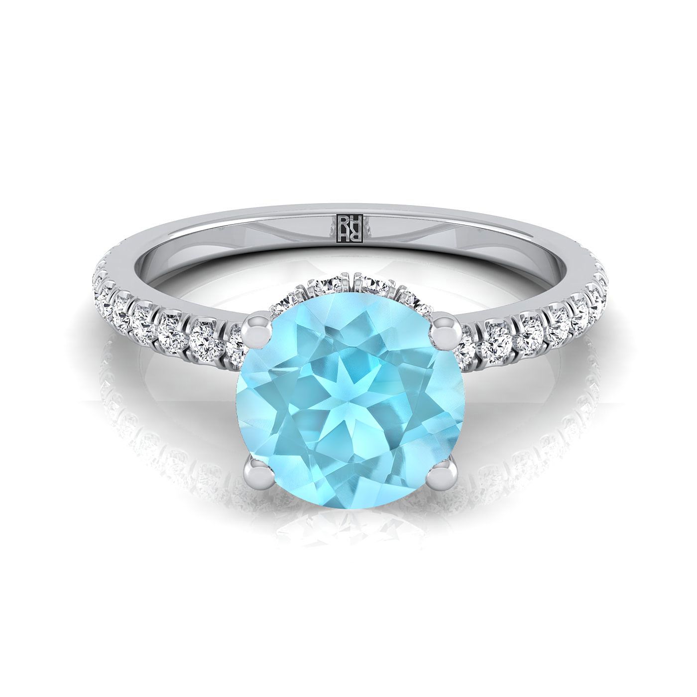 Platinum Round Brilliant Aquamarine Secret Diamond Halo French Pave Solitaire Engagement Ring -1/3ctw