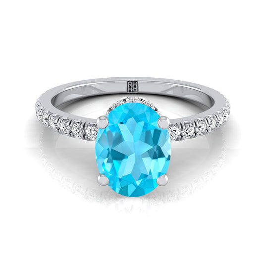Platinum Oval Swiss Blue Topaz Secret Diamond Halo French Pave Solitaire Engagement Ring -1/3ctw