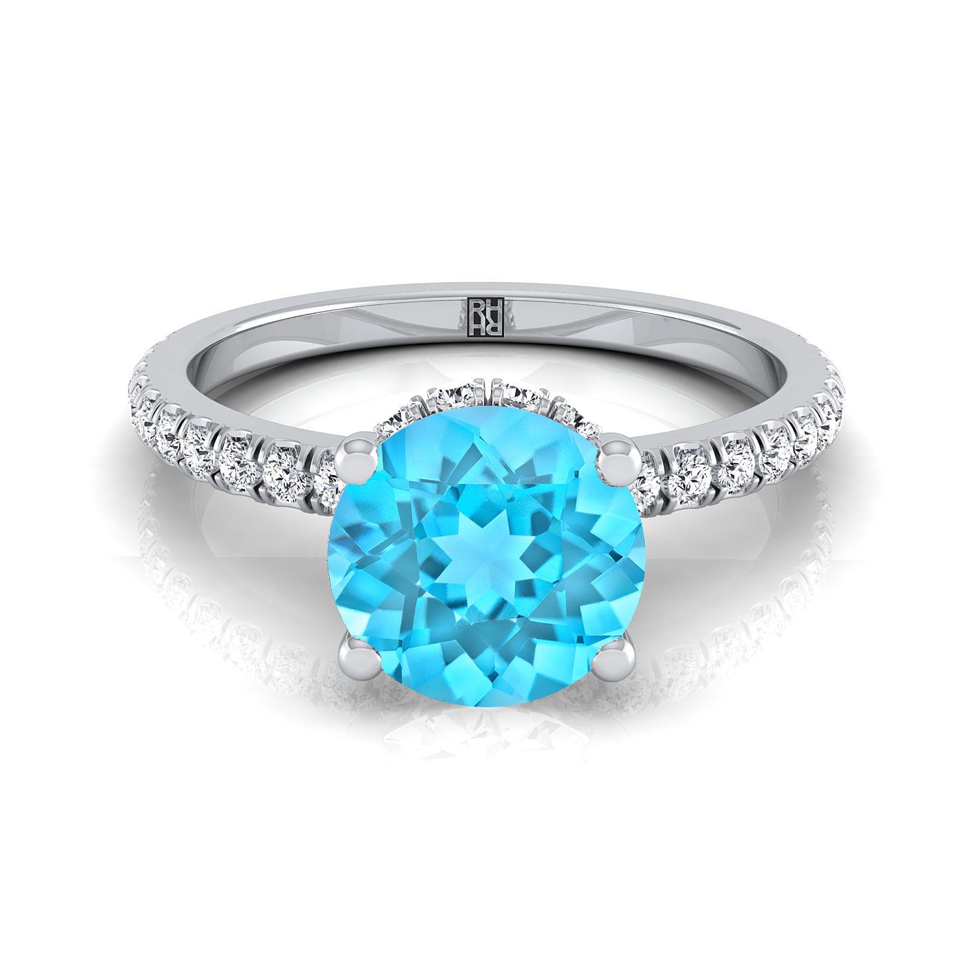 18K White Gold Round Brilliant Swiss Blue Topaz Secret Diamond Halo French Pave Solitaire Engagement Ring -1/3ctw