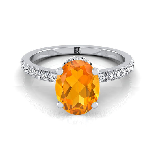 14K White Gold Oval Citrine Secret Diamond Halo French Pave Solitaire Engagement Ring -1/3ctw