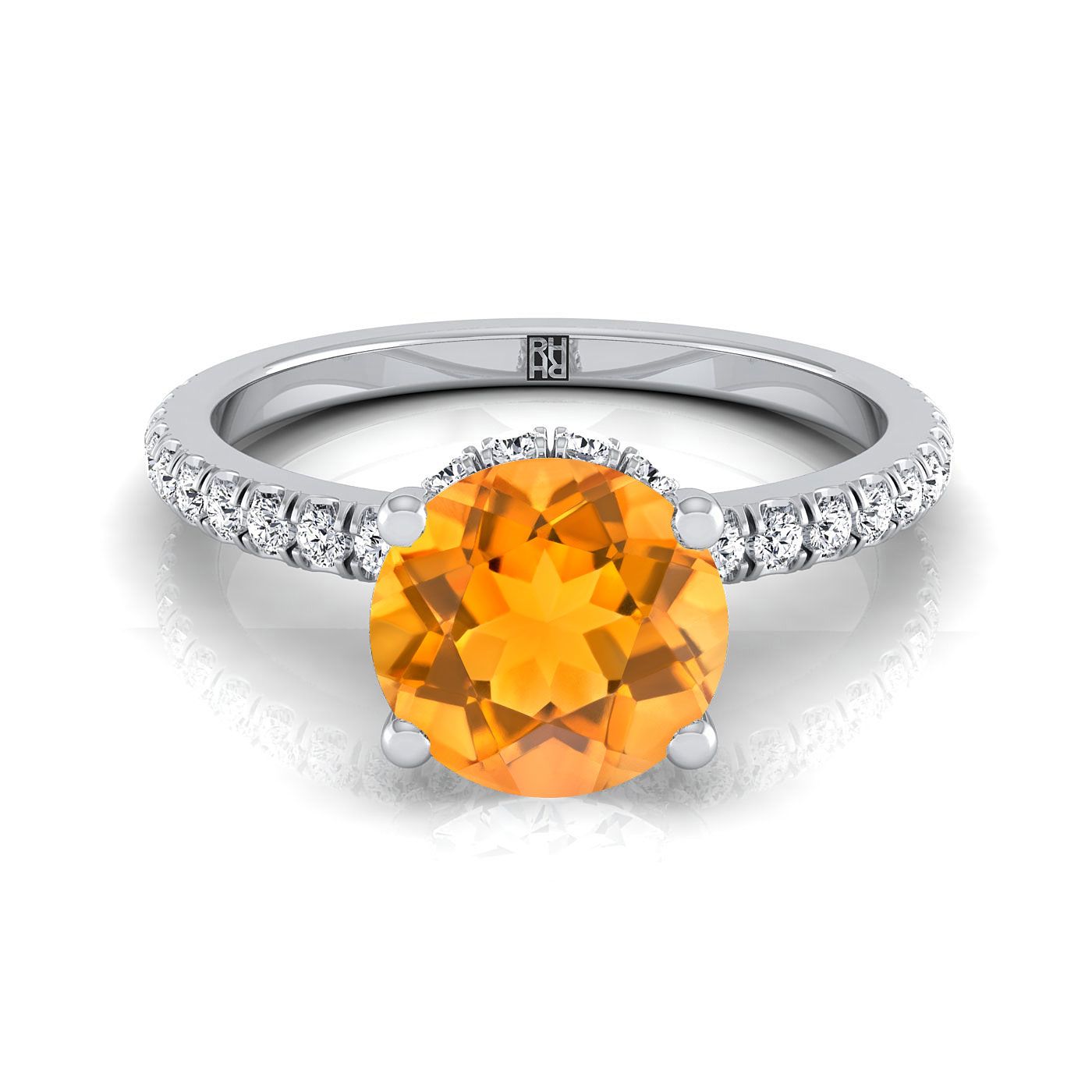 18K White Gold Round Brilliant Citrine Secret Diamond Halo French Pave Solitaire Engagement Ring -1/3ctw