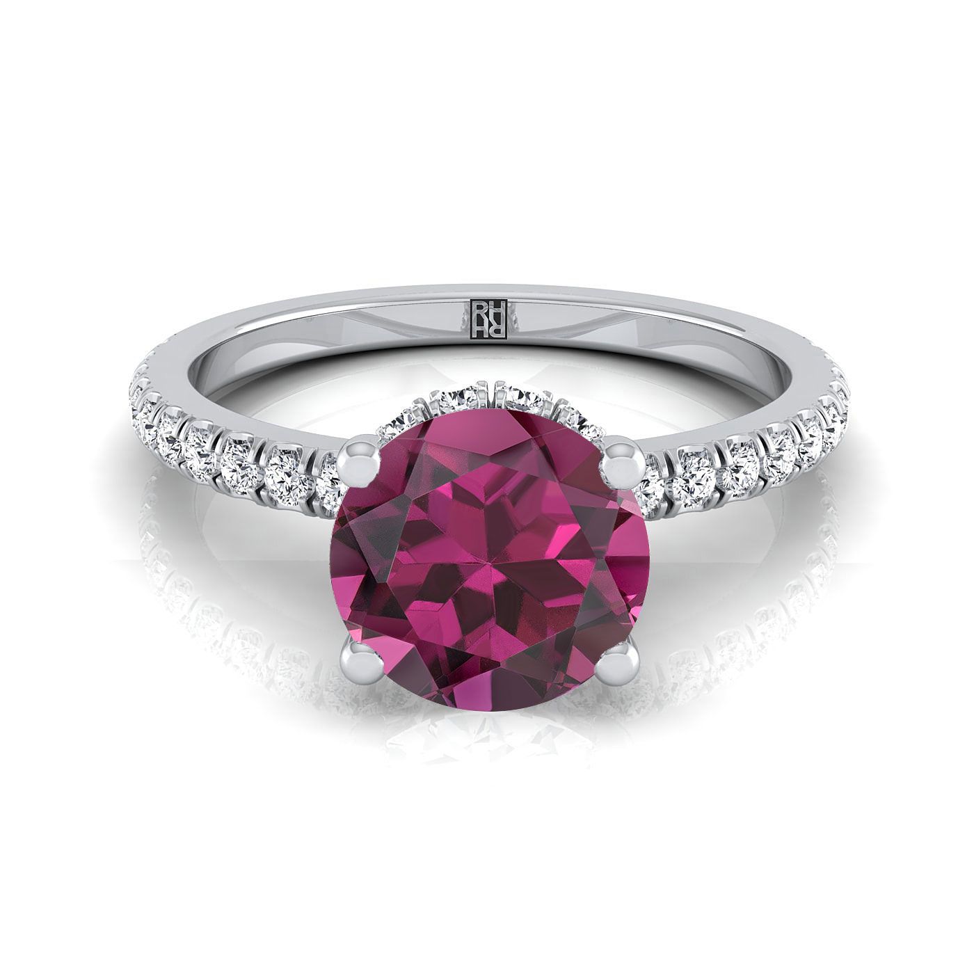 18K White Gold Round Brilliant Garnet Secret Diamond Halo French Pave Solitaire Engagement Ring -1/3ctw