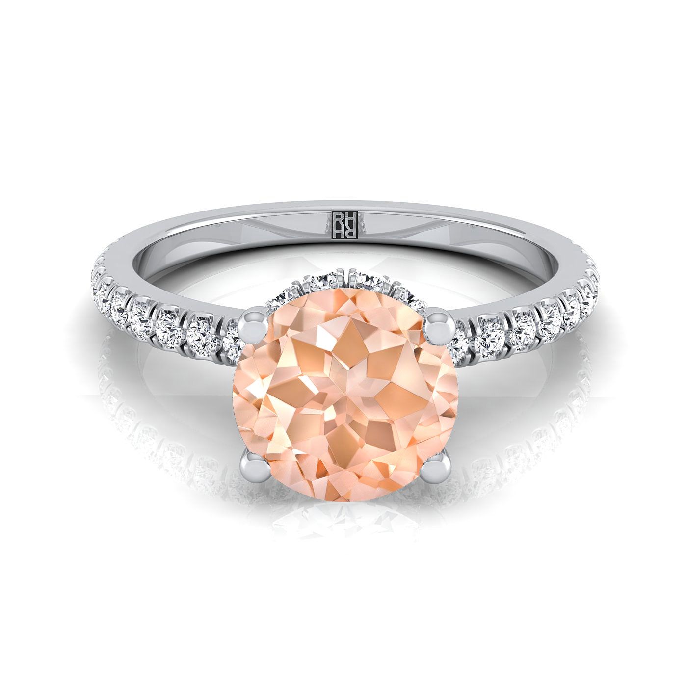 14K White Gold Round Brilliant Morganite Secret Diamond Halo French Pave Solitaire Engagement Ring -1/3ctw