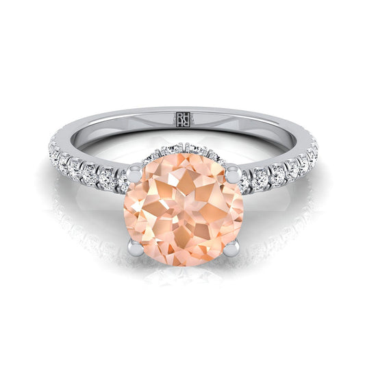Platinum Round Brilliant Morganite Secret Diamond Halo French Pave Solitaire Engagement Ring -1/3ctw