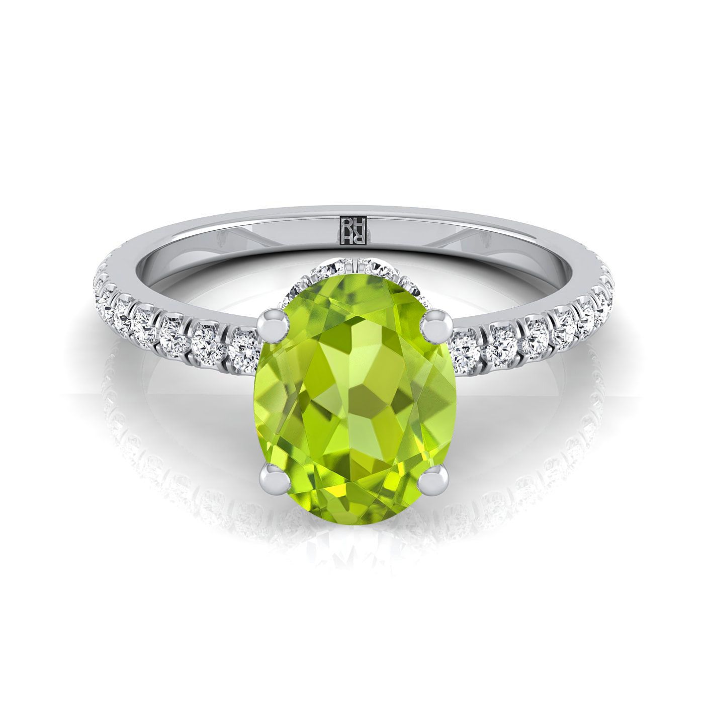 Platinum Oval Peridot Secret Diamond Halo French Pave Solitaire Engagement Ring -1/3ctw