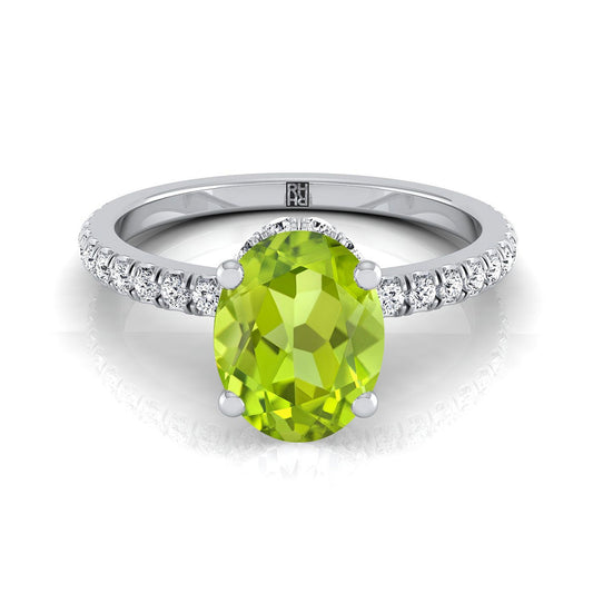 18K White Gold Oval Peridot Secret Diamond Halo French Pave Solitaire Engagement Ring -1/3ctw