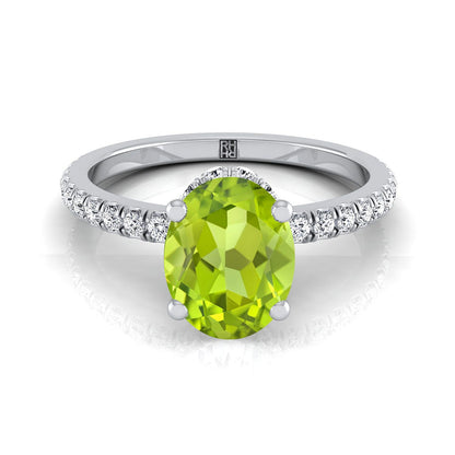 14K White Gold Oval Peridot Secret Diamond Halo French Pave Solitaire Engagement Ring -1/3ctw