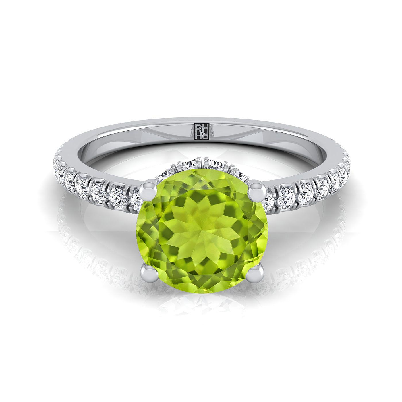 Platinum Round Brilliant Peridot Secret Diamond Halo French Pave Solitaire Engagement Ring -1/3ctw