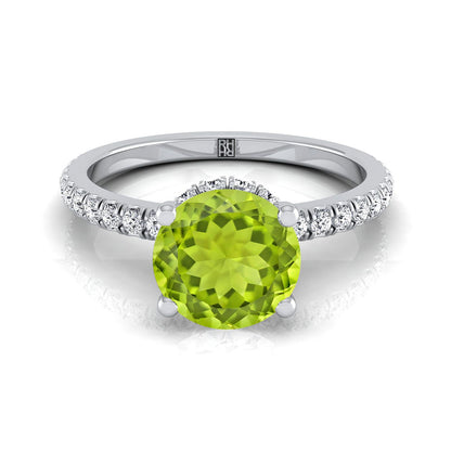 18K White Gold Round Brilliant Peridot Secret Diamond Halo French Pave Solitaire Engagement Ring -1/3ctw
