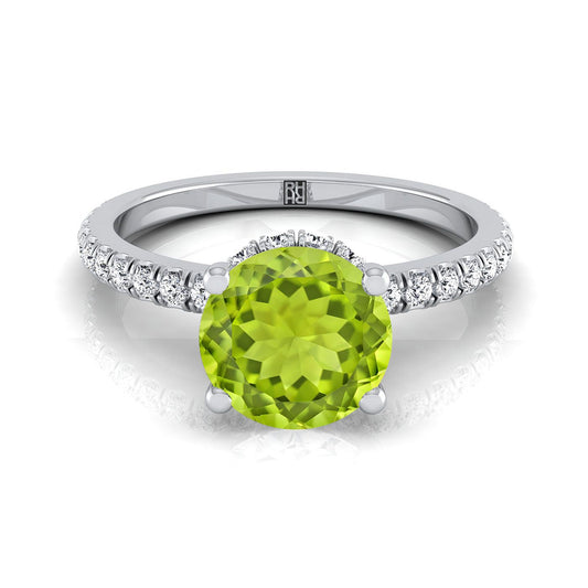 14K White Gold Round Brilliant Peridot Secret Diamond Halo French Pave Solitaire Engagement Ring -1/3ctw