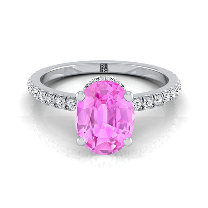 Platinum Oval Pink Sapphire Secret Diamond Halo French Pave Solitaire Engagement Ring -1/3ctw