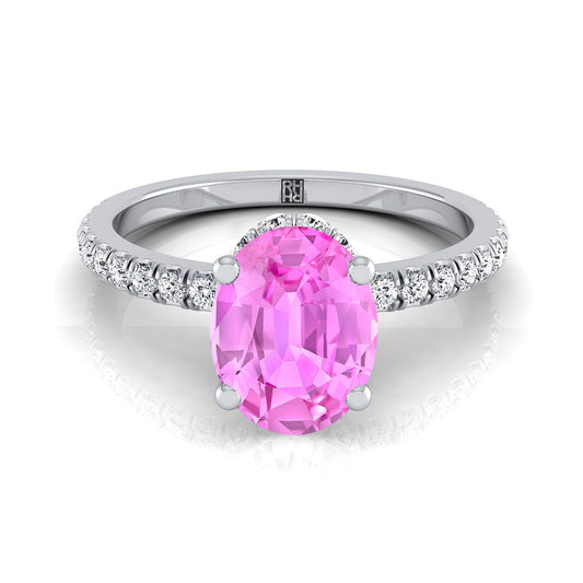 18K White Gold Oval Pink Sapphire Secret Diamond Halo French Pave Solitaire Engagement Ring -1/3ctw