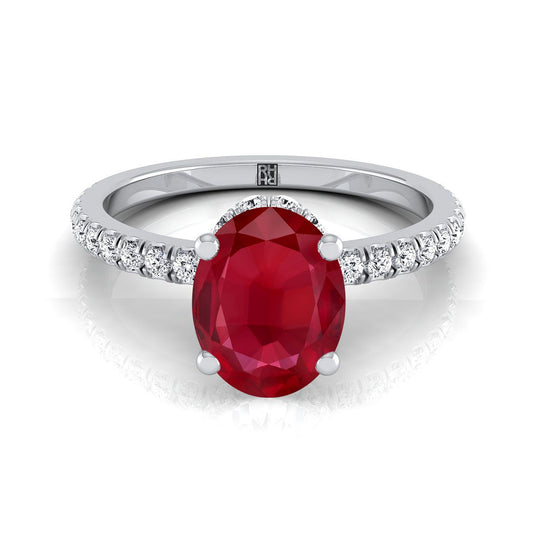 14K White Gold Oval Ruby Secret Diamond Halo French Pave Solitaire Engagement Ring -1/3ctw