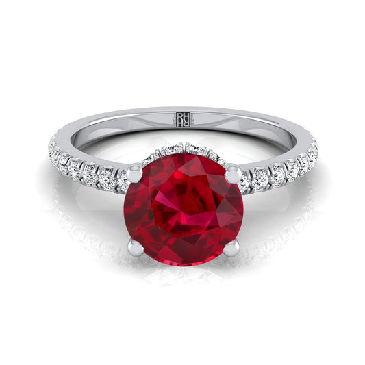 14K White Gold Round Brilliant Ruby Secret Diamond Halo French Pave Solitaire Engagement Ring -1/3ctw