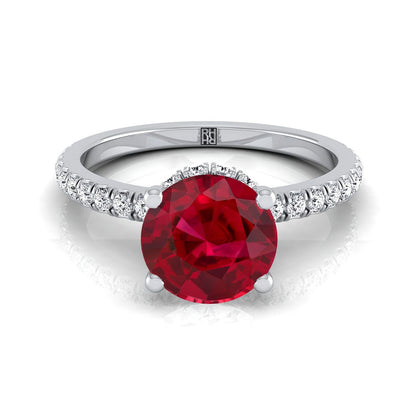 18K White Gold Round Brilliant Ruby Secret Diamond Halo French Pave Solitaire Engagement Ring -1/3ctw