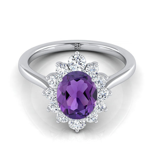 14K White Gold Oval Amethyst Floral Diamond Halo Engagement Ring -1/2ctw